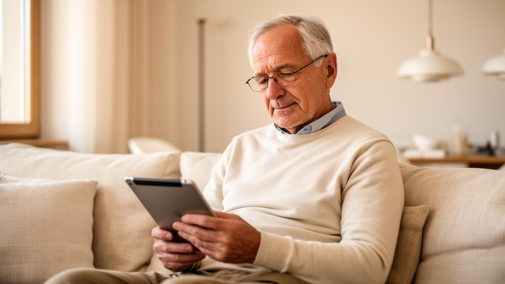 Person ruht entspannt zuhause mit Tablet